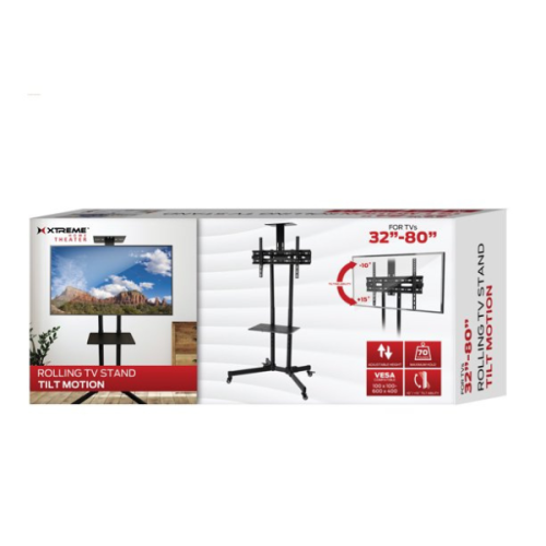 Xtreme XMB1-0133-BLK Rolling TV Stand, Adjustable Tilt, Television Sizes 32''-80'' inch, Wheels with lock