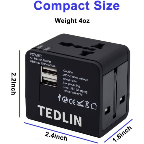 Compact Worldwide Universal Power Adapter Converter with 2 USB Charging Ports, All in One International Travel Wall Charger Plug with Surge