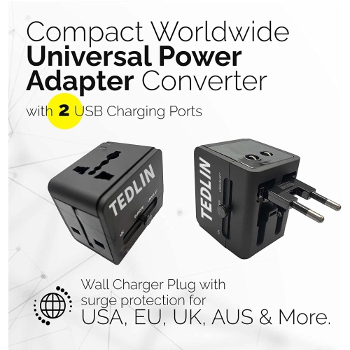 Compact Worldwide Universal Power Adapter Converter with 2 USB Charging Ports, All in One International Travel Wall Charger Plug with Surge
