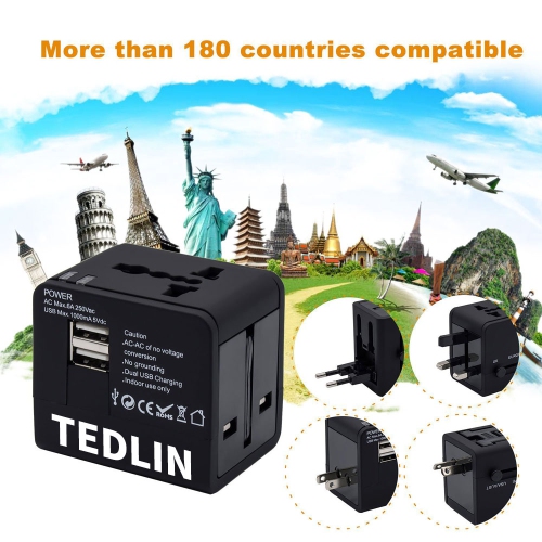 Compact Worldwide Universal Power Adapter Converter with 2 USB Charging Ports, All in One International Travel Wall Charger Plug with Surge