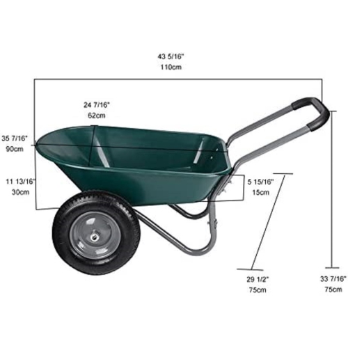 Dual Wheel Residential Yard Wheelbarrow Wagon 5 Cubic Foot Poly Tray W/ 15 3/8" Pneumatic Tires, Green