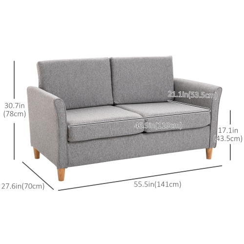 HOMCOM 56" Loveseat Sofa, Upholstered 2-Seater Couch with Armrests and Wooden Legs for Living Room, Bedroom, Grey