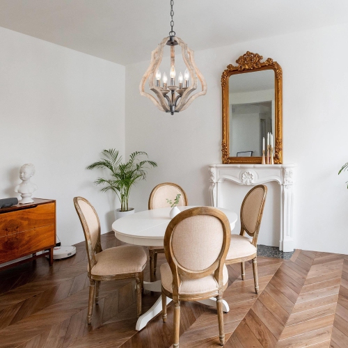 Modern Farmhouse Wood Chandelier, 5-Light Brushed Black Kitchen Island Lantern Chandelier