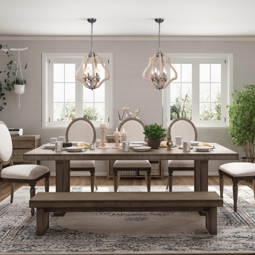 Modern Farmhouse Wood Chandelier, 5-Light Brushed Black Kitchen Island Lantern Chandelier