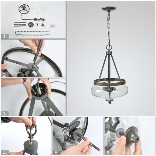 Lustre champêtre pour salle à manger, luminaire suspendu bronze rustique à 3 lampes avec abat-jour en verre transparent et garnitures en bois peint