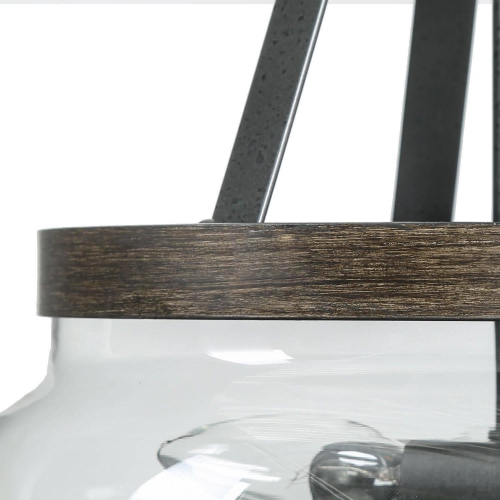 Lustre champêtre pour salle à manger, luminaire suspendu bronze rustique à 3 lampes avec abat-jour en verre transparent et garnitures en bois peint