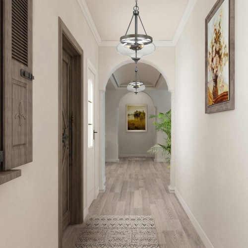 Lustre champêtre pour salle à manger, luminaire suspendu bronze rustique à 3 lampes avec abat-jour en verre transparent et garnitures en bois peint