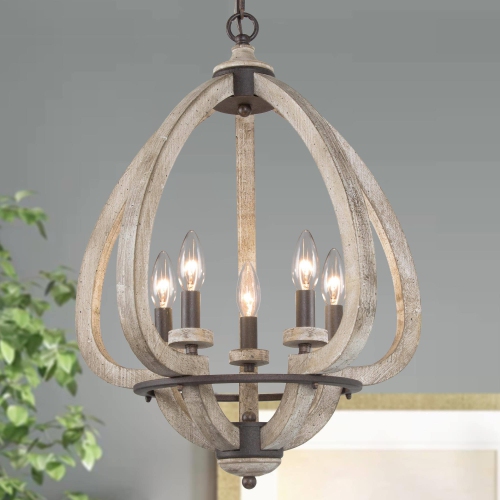 Lustre moderne champêtre en bois chandelier, lampe suspendue à 5 ampoules pour salle à manger