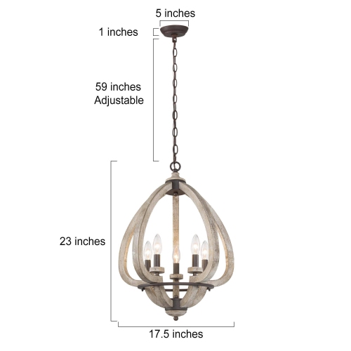 Lustre moderne champêtre en bois chandelier, lampe suspendue à 5 ampoules pour salle à manger