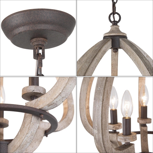 Lustre moderne champêtre en bois chandelier, lampe suspendue à 5 ampoules pour salle à manger