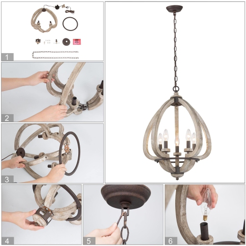 Lustre moderne champêtre en bois chandelier, lampe suspendue à 5 ampoules pour salle à manger