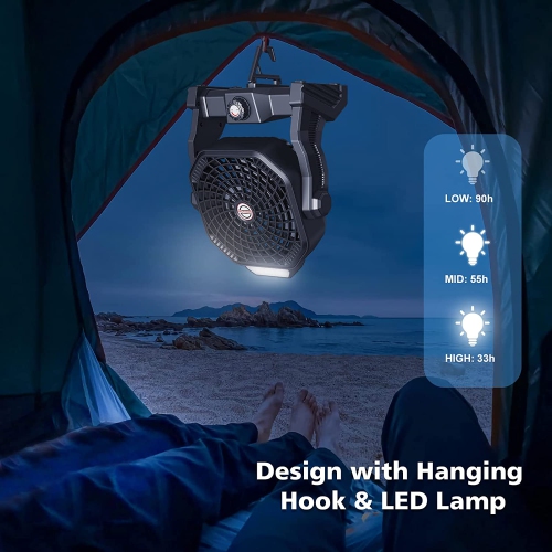 Camping Fan - Rechargeable with LED Lantern & Hanging Hook - 270° Rotation - For Outdoor & Indoor activities