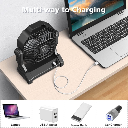 Camping Fan - Rechargeable with LED Lantern & Hanging Hook - 270° Rotation - For Outdoor & Indoor activities