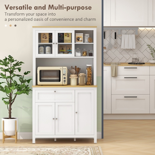 HOMCOM 71" Kitchen Pantry Cabinet, Wide Buffet Cabinet with Countertop, Freestanding Storage Cabinet with 5 Doors, Adjustable Shelves, Drawer, Glass