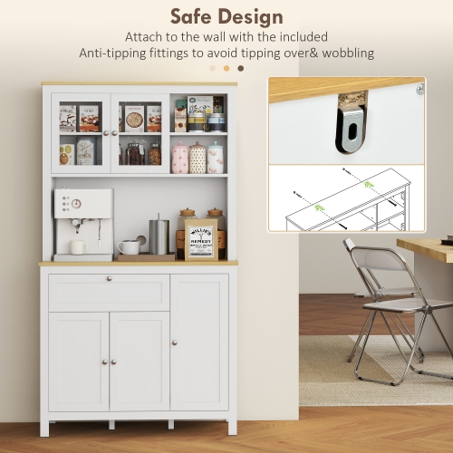 HOMCOM 71" Kitchen Pantry Cabinet, Wide Buffet Cabinet with Countertop, Freestanding Storage Cabinet with 5 Doors, Adjustable Shelves, Drawer, Glass