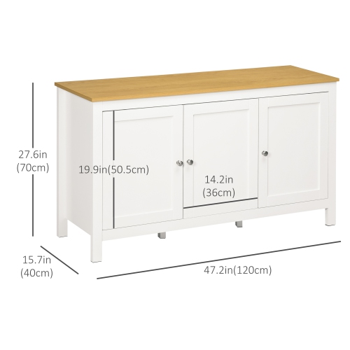 HOMCOM Sideboard Buffet Storage Cabinet, Coffee Bar Cabinet with Natural Wood Effect Top, 3 Doors and 2 Adjustable Shelves, White