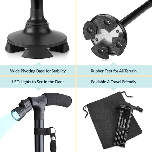 Walking Cane with Led Light - Adjustable 37 Inch Folding Canes and Walking Sticks, Collapsible Daily Mobility Canes with Rubber Feet for Men and