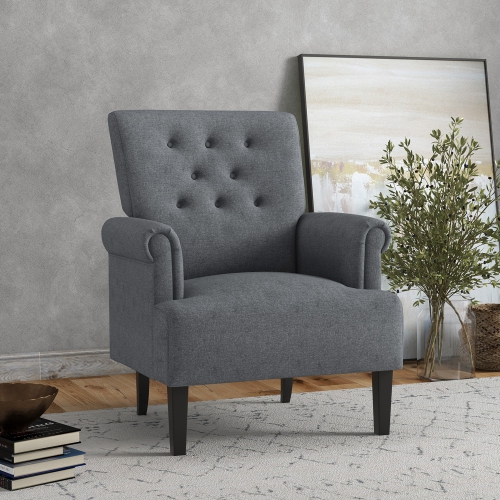 HOMCOM Fabric Accent Chair, Tufted Armchair, Upholstered Modern Living Room Chair with Wood Legs, Rolled Arms, Thick Padding for Bedroom, Grey