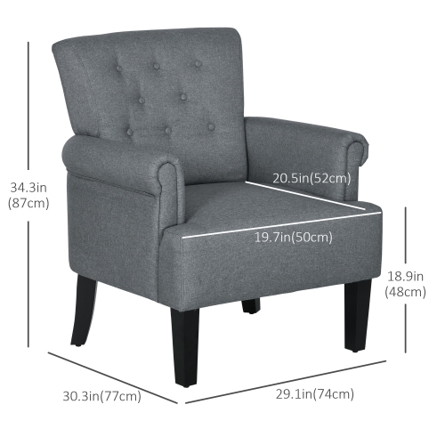 HOMCOM Fabric Accent Chair, Tufted Armchair, Upholstered Modern Living Room Chair with Wood Legs, Rolled Arms, Thick Padding for Bedroom, Grey