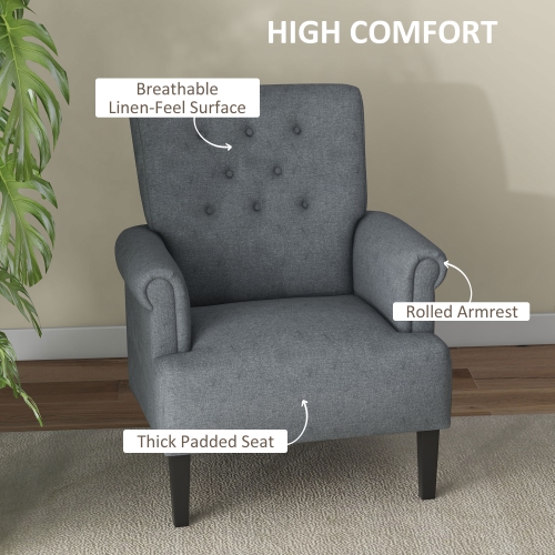 HOMCOM Fabric Accent Chair, Tufted Armchair, Upholstered Modern Living Room Chair with Wood Legs, Rolled Arms, Thick Padding for Bedroom, Grey