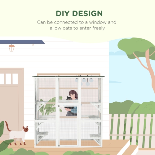 PawHut Outdoor Catio Cat Enclosure, Large Weatherproof Cat House with Asphalt Roof, 6 Jumping Platforms, Wooden Walk-in Kitty Cage for Multiple