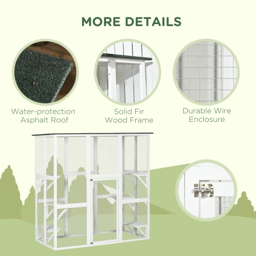 PawHut Outdoor Catio Cat Enclosure, Large Weatherproof Cat House with Asphalt Roof, 6 Jumping Platforms, Wooden Walk-in Kitty Cage for Multiple