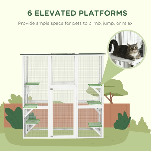 PawHut Outdoor Catio Cat Enclosure, Large Weatherproof Cat House with Asphalt Roof, 6 Jumping Platforms, Wooden Walk-in Kitty Cage for Multiple