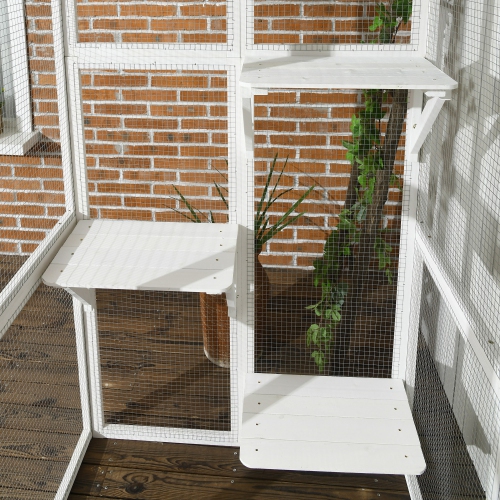 PawHut Outdoor Catio Cat Enclosure, Large Weatherproof Cat House with Asphalt Roof, 6 Jumping Platforms, Wooden Walk-in Kitty Cage for Multiple