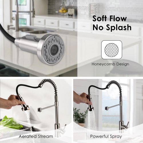 304 Stainless Steel Single-Handle Pull-Down Spring Sprayer Kitchen Sink Faucet, 360 Degree Rotation - LIVINGbasics®