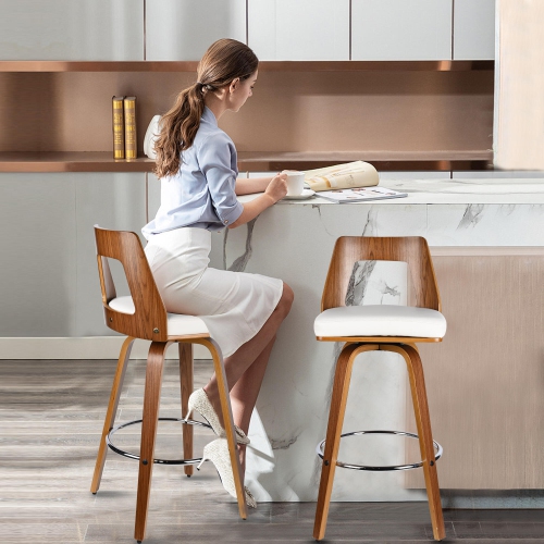 Ensemble de 2 tabourets de bar en bois rétro avec dossier et repose-pieds , tabourets de bar pivotants 360° pour salle à manger pour bar de cuisine