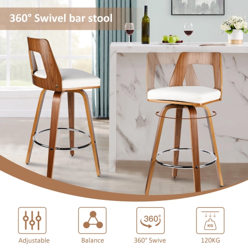 Ensemble de 2 tabourets de bar en bois rétro avec dossier et repose-pieds , tabourets de bar pivotants 360° pour salle à manger pour bar de cuisine