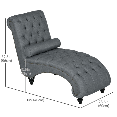HOMCOM Button Tufted Chaise Lounge Chair Indoor Upholstered Lounge Chair with Bolster Pillow Wood Legs Nailhead Trim for Living Room Bedroom Home