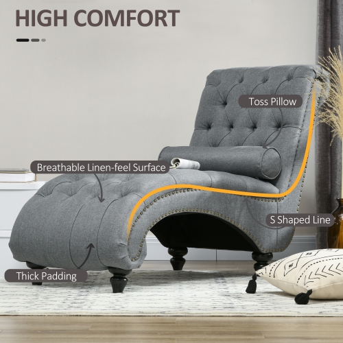HOMCOM Button Tufted Chaise Lounge Chair Indoor Upholstered Lounge Chair with Bolster Pillow Wood Legs Nailhead Trim for Living Room Bedroom Home