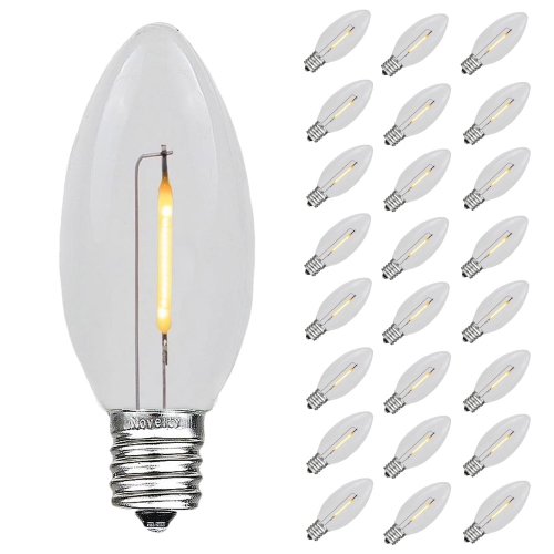 Novelty Lights 25 Pack C9 LED Filament Bulbs, Shatterproof Plastic Replacement Christmas Lights, E17 Base for Indoor/Outdoor Strings, Dimmable, 0.6W