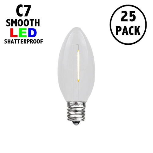 Novelty Lights 25 Pack C7 LED Filament Bulbs, Shatterproof Plastic Replacement Christmas Lights, E12 Base for Indoor/Outdoor Strings, Dimmable, 0.6W