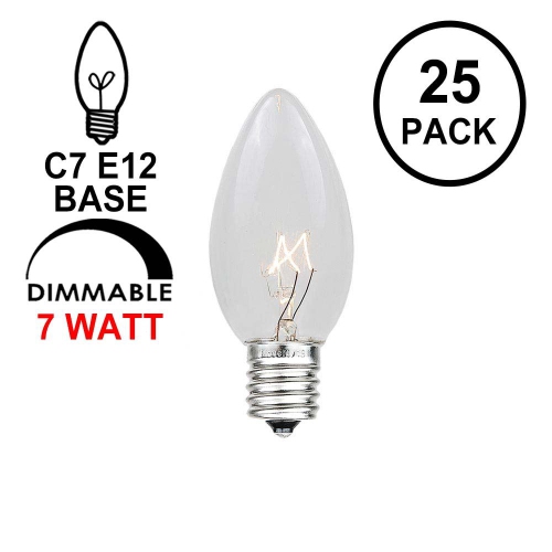 NOVELTY LIGHTS LLC  Novelty Lights 25 Pack C7 Outdoor Christmas Replacement Bulbs, Clear, C7/e12 Candelabra Base, 7 Watt