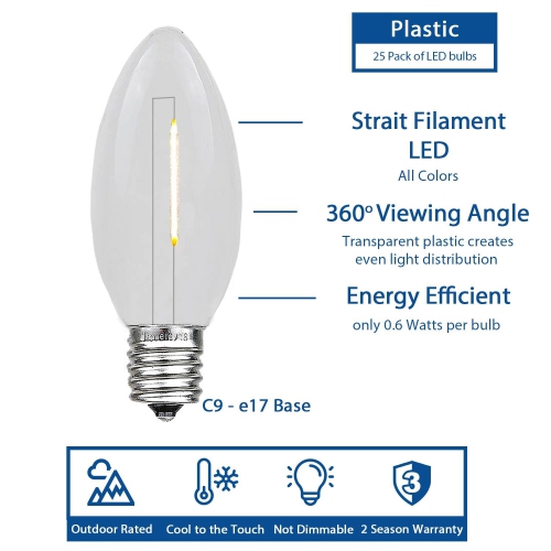 Paquet de 25 ampoules à filament LED C9, ampoules de Noël de rechange en plastique incassables, base E17 pour cordes intérieures/extérieures,