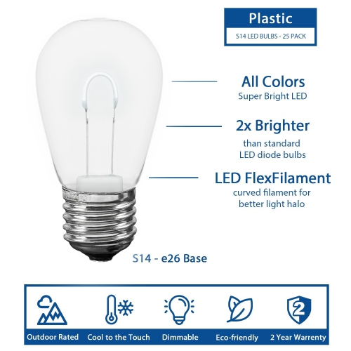 Novelty Lights 25 Pack S14 LED Plastic Flex Filament Outdoor Patio Globe Replacement Bulbs, Warm White, Dimmable, E26 Medium Base, 0.8 Watt
