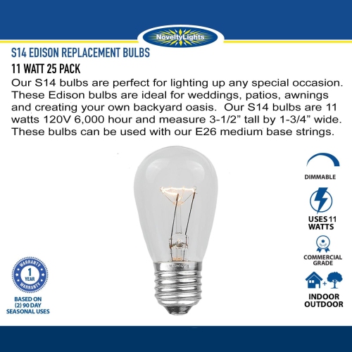 Novelty Lights 25 Pack S14 Outdoor Patio Edison Replacement Bulbs, E26 Medium Base, 11 Watt