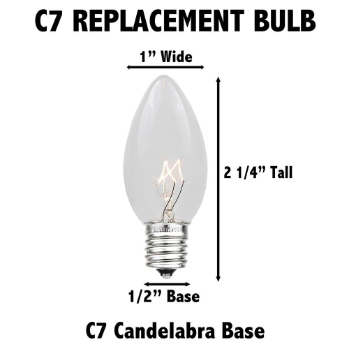 Novelty Lights 25 Pack C7 Outdoor Ceramic Christmas Replacement Bulbs, C7/E12 Candelabra Base, 5 Watt