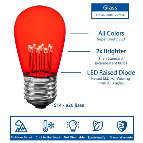 Novelty Lights LED S14 Outdoor Patio Edison Replacement Bulbs, E26 Medium Base, 1 Watt