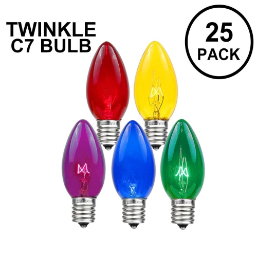 Novelty Lights 25 Pack C7 Twinkle Outdoor Christmas Replacement Bulbs, C7/E12 Candelabra Base, 7 Watt