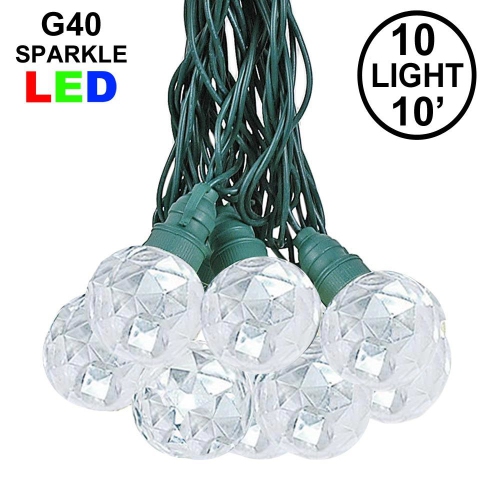 10 Foot LED G40 Sparkle Outdoor Patio String Lights with 10 Warm White Globe Bulbs – Market Bistro Café Hanging String Lights – C7/E12 Base - Green