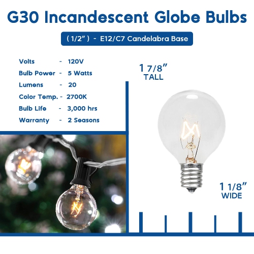 Novelty Lights 25 Pack G30 Outdoor Globe Replacement Bulbs, C7/E12 Candelabra Base, 5 Watt