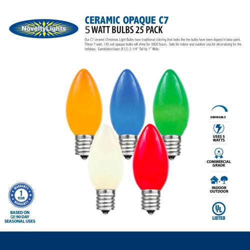 Novelty Lights 25 Pack C7 Outdoor Ceramic Christmas Replacement Bulbs, C7/E12 Candelabra Base, 5 Watt