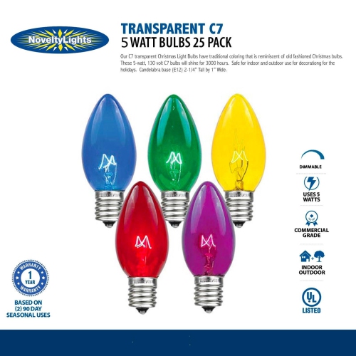 Novelty Lights 25 Pack C7 Outdoor Christmas Replacement Bulbs, C7/E12 Candelabra Base, 5 Watt