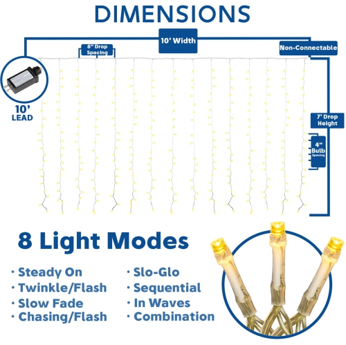 Novelty Lights LED Curtain Light Set, 300 LED Warm White, 8 Function, Non-Connectable, Clear Wire