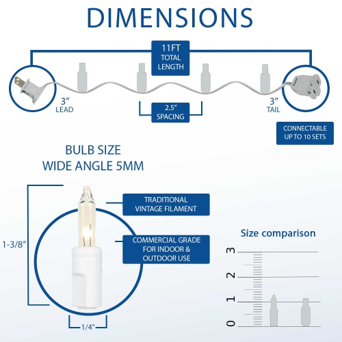 Mini-guirlande de 50 ampoules incandescentes de 11 pi, espacement de 2,5 po sur fil blanc, mini-lumières intérieures/extérieures homologuées UL,