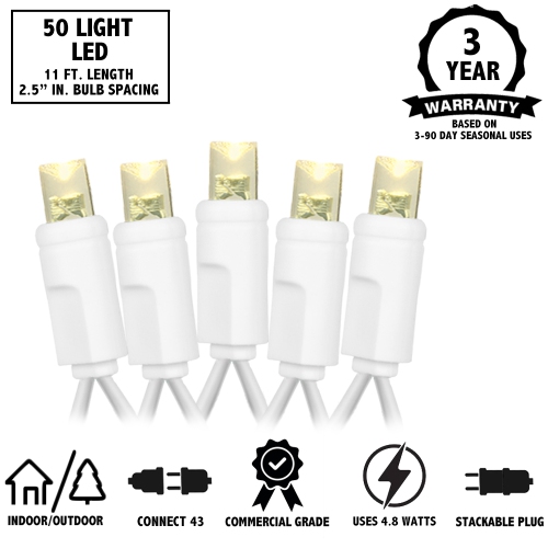 Guirlande de lumières de Noël 11 pi de fantaisie, 50 ampoules LED sur fil blanc, espacement de 2,5 po, éclairage intérieur de qualité