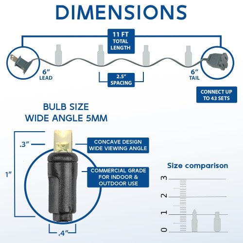 Novelty Lights 11ft Christmas String Lights, 50 LED Bulbs on Black Wire, 2.5" Spacing, Connectable Indoor Outdoor Commercial Grade Lighting for